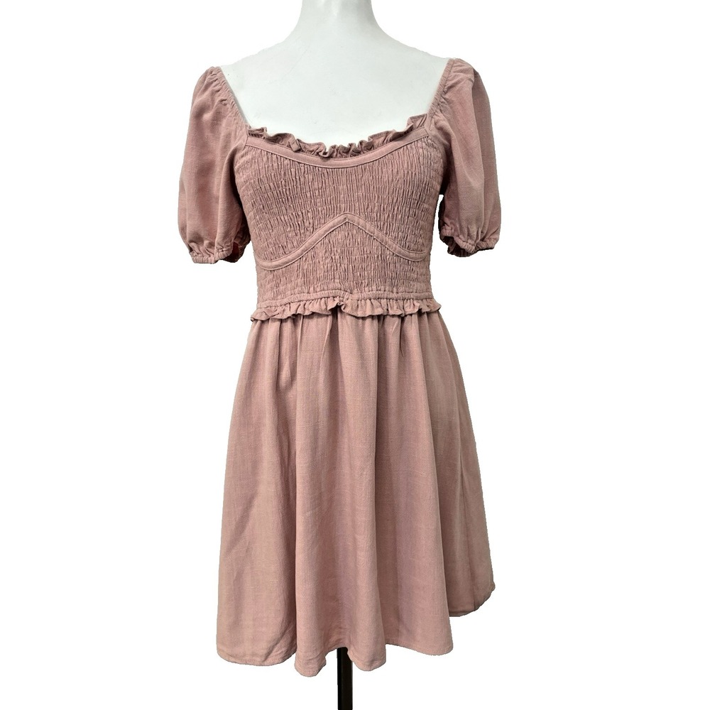 PaperMoon Pink Puff ON or Off Shoulder Cottage Core Ruffles Mini Linen Sz M